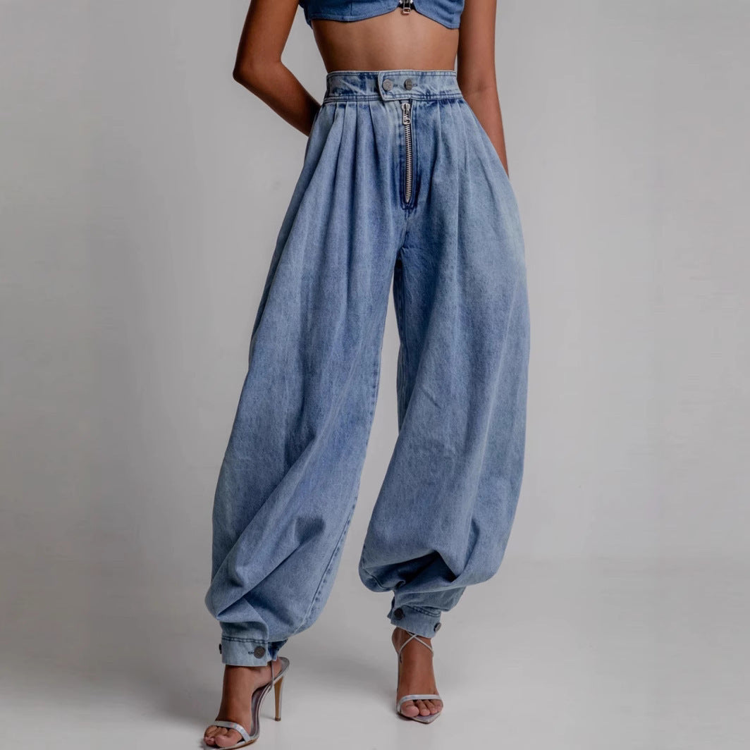 High Waist Zipper Denim Loose Harem Pants Limorista