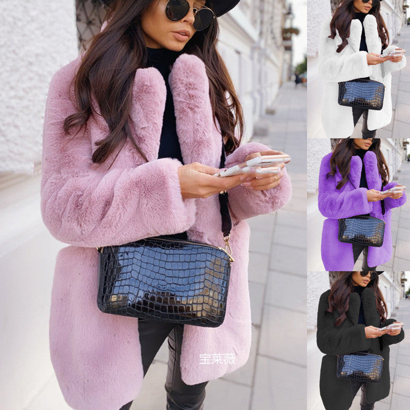 Temperament Long Sleeve Lapel Faux Fur Coat Solid Color Coat Women Fur Fur Women&