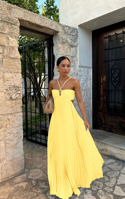 Ins Pleated Sleeveless Sling Dress Hollow High Waist Halter Robe Dresses For Evening Party Club Clothing Women Limorista