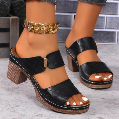 Chunky Heel Sandals Summer Round Toe Plaid Slides Slippers Fashion Outdoor High Heels Shoes For Women Limorista