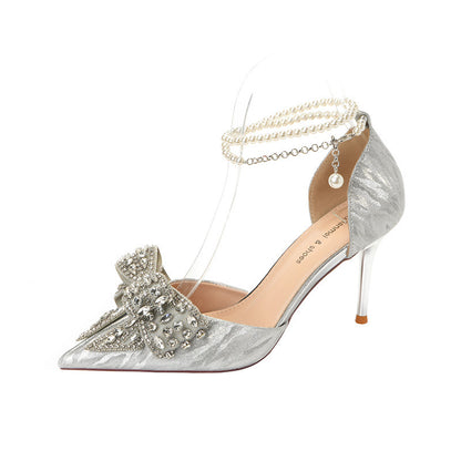 Rhinestone Bow Pointy Hollow Pearl Heels Limorista