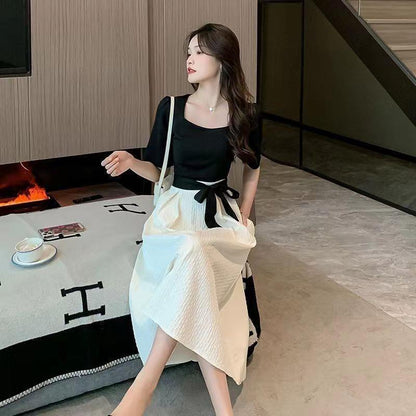 Square-neck Cinched Slimming Patchwork Niche Long Skirt Limorista