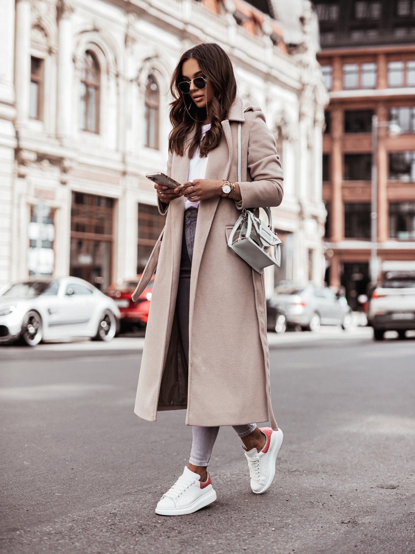 Long Sleeve V-neck Tie Woolen Coat Women&