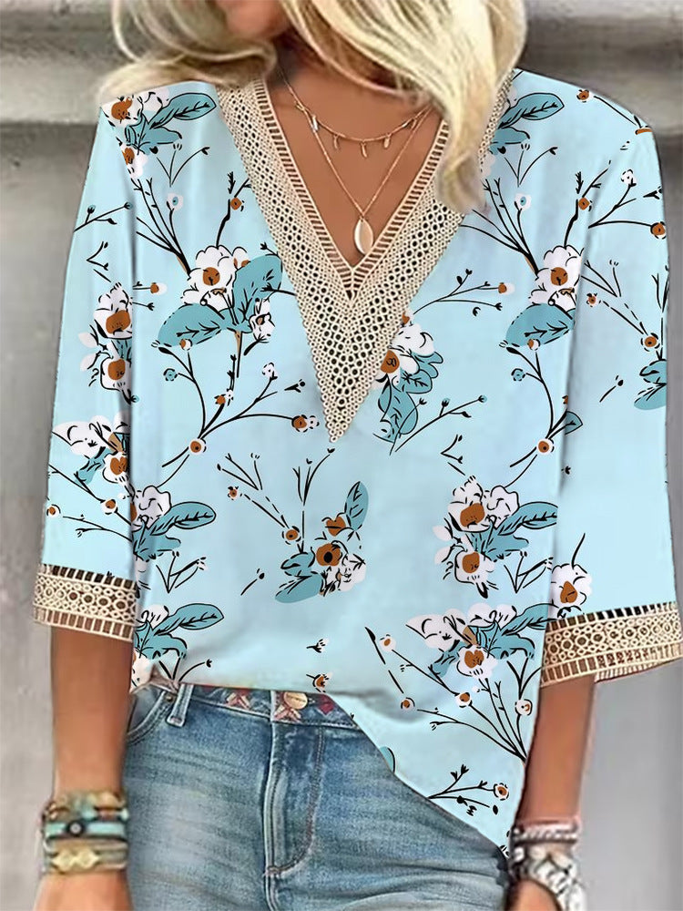 European And American Popular Fashion Loose Multi-color Floral Print Stitching Lace Half Sleeve V-neck Top Limorista
