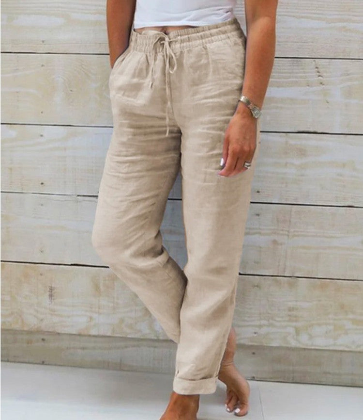 Summer Elastic Waist Solid Color Cotton Linen Wide Leg Pants Loose Pants Women&