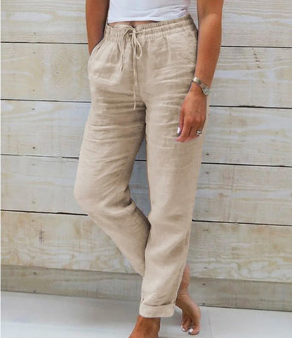Summer Elastic Waist Solid Color Cotton Linen Wide Leg Pants Loose Pants Women&