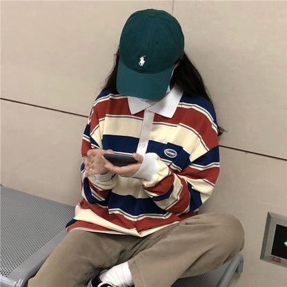 Spring And Autumn Idle Style Striped Loose Collar Sweater Limorista