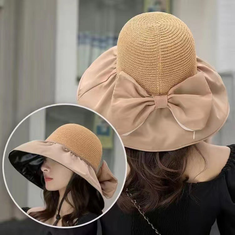 Summer Straw Sunhat With Large Brim And Big Bow Anti-UV Fisherman Hat Outdoor Sunshade And Face Protection Hat Limorista