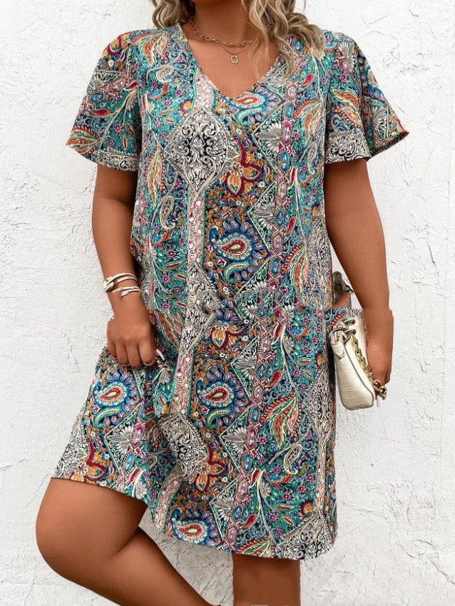 Printed V-neck Short Sleeve Dress Limorista
