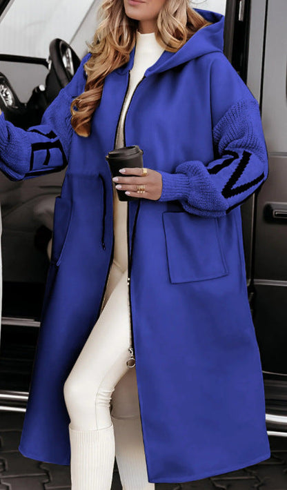 Hooded Windbreaker Long Jacket With Pockets And Drawstring Design Solid Color Knit-Sleeved Trench Coat For Women Clothing Fall Winter Limorista