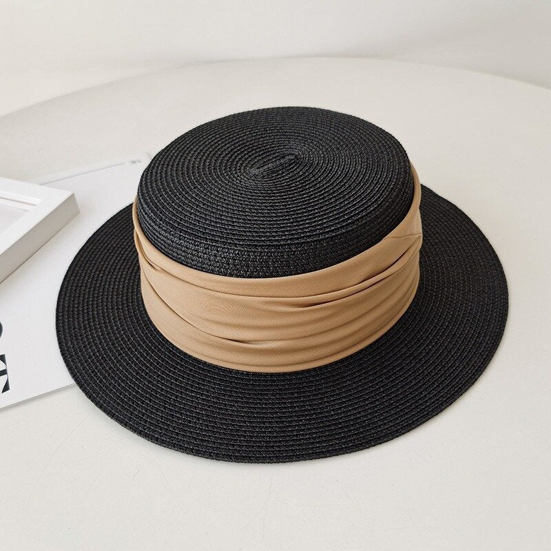 Flat Straw Hat French Woven Top Hat Seaside Beach Vacation Sun Shade Limorista