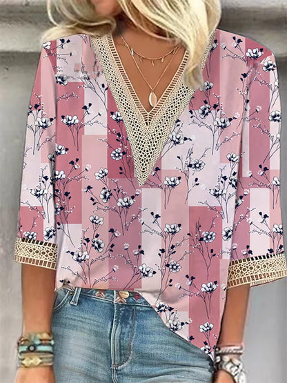 European And American Popular Fashion Loose Multi-color Floral Print Stitching Lace Half Sleeve V-neck Top Limorista