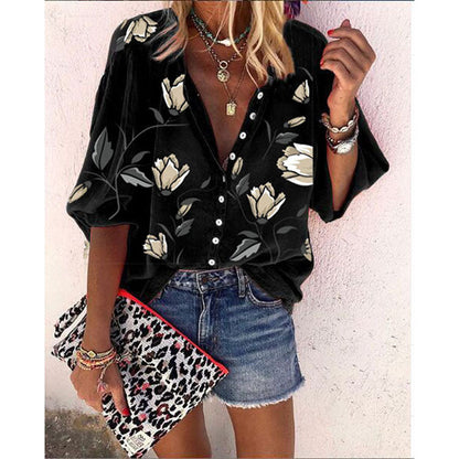 Flower Printed Nine-Sleeve Top Loose Casual Shirt Limorista