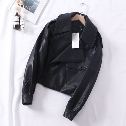 Loose cropped leather jacket motorcycle jacket Limorista