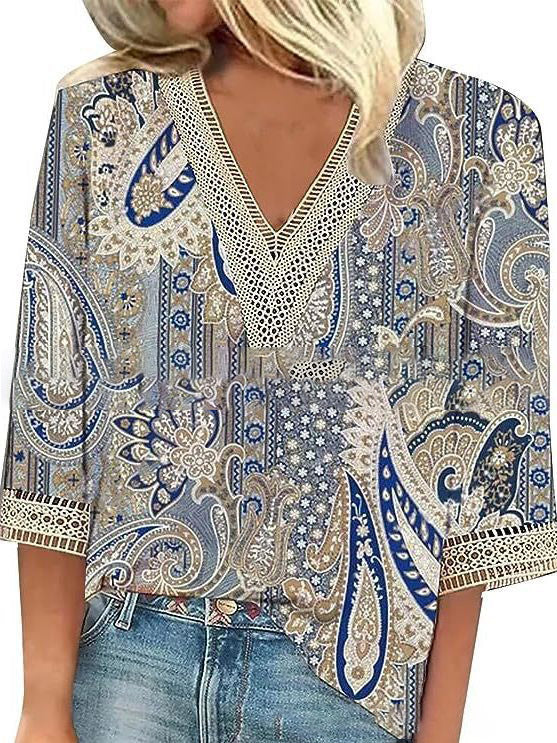 Wear Loose New Floral Print Stitching Lace Half Sleeve V-neck T-shirt Limorista