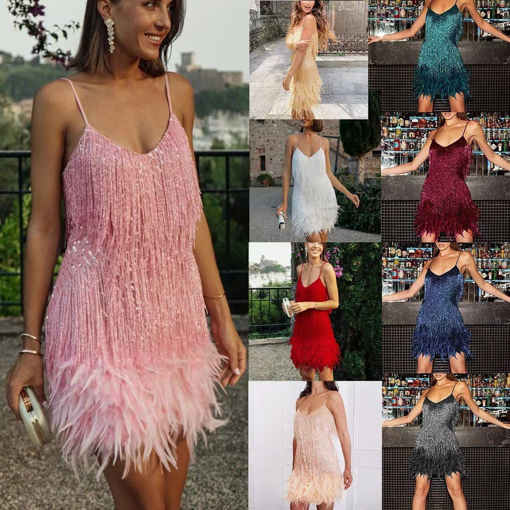 Sexy Tassel Sequins Feather Summer Mini Dress Women V Neck Spaghetti Strap Stitching Dresses Female Elegant Evening Party Club Dress - Limorista