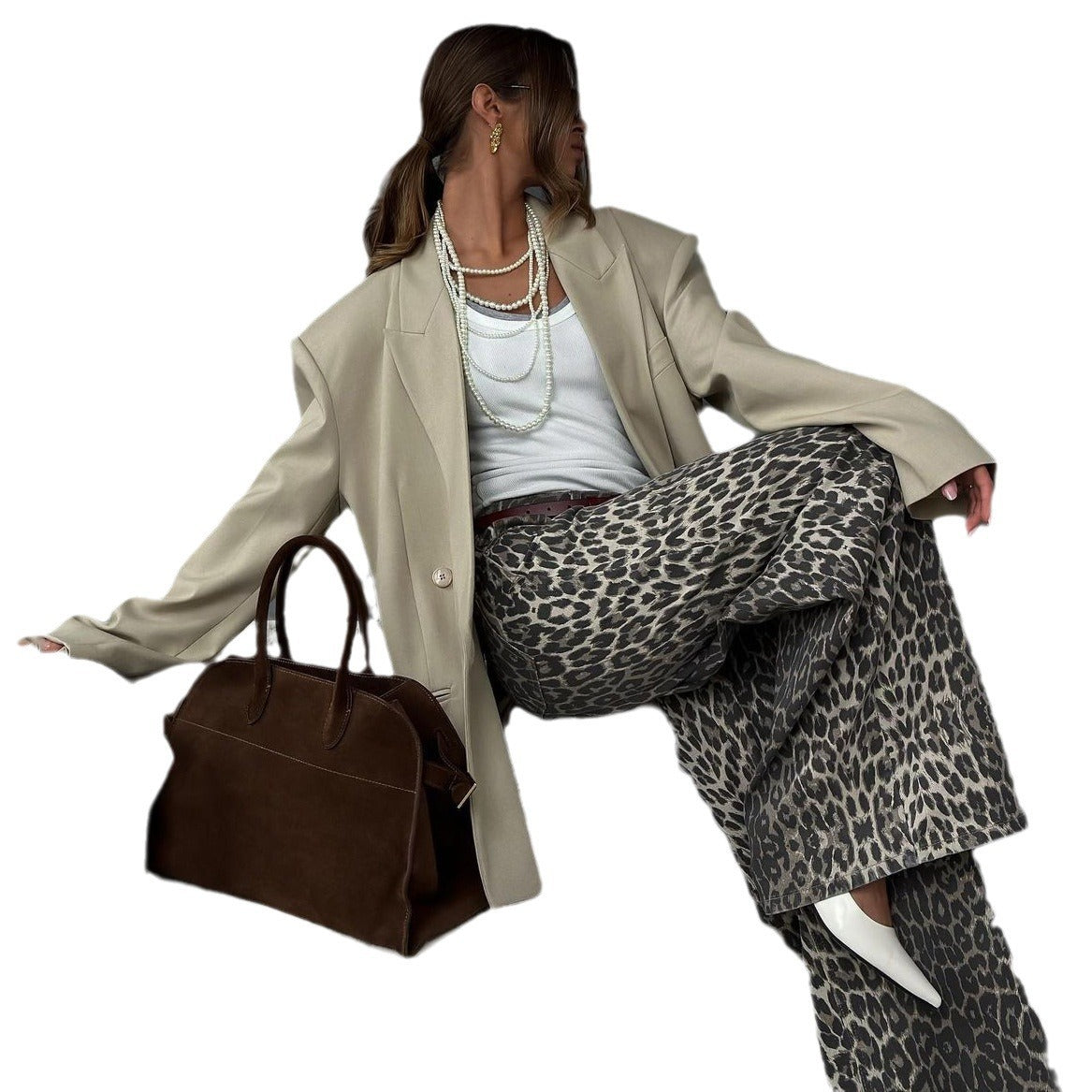 Elegant Loose Slim High Street Leopard Jeans Limorista