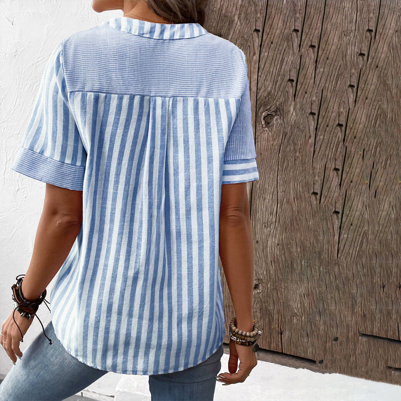 Summer V-neck Short-sleeved Shirt Blouse Fashion V-neck Asymmetric Stripes Patchwork Design Top Womens Clothing Limorista
