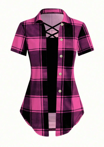 Unity AB Splicing Collar Turn-D2 In 1 Plaid Short-Sleeved T-Shirt Limorista