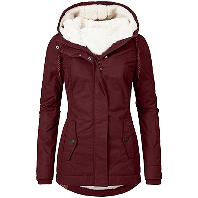 Solid Color Pocket Long-sleeve Zipper Fleece Padded Coat Women Limorista