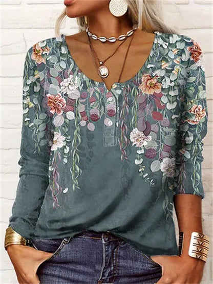 Long Sleeved Geometric Flower Mang U-neck Button Up T-shirt For Women Limorista