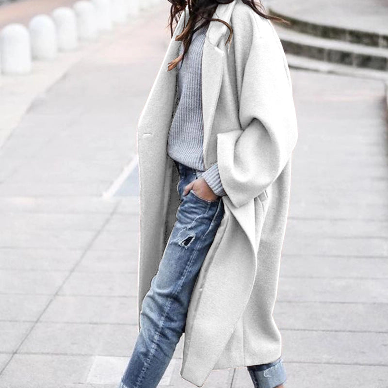Casual Long Jacket With Pockets Solid Color Single Breasted Lapel Woolen Coat For Women Warm Winter Clothing Limorista