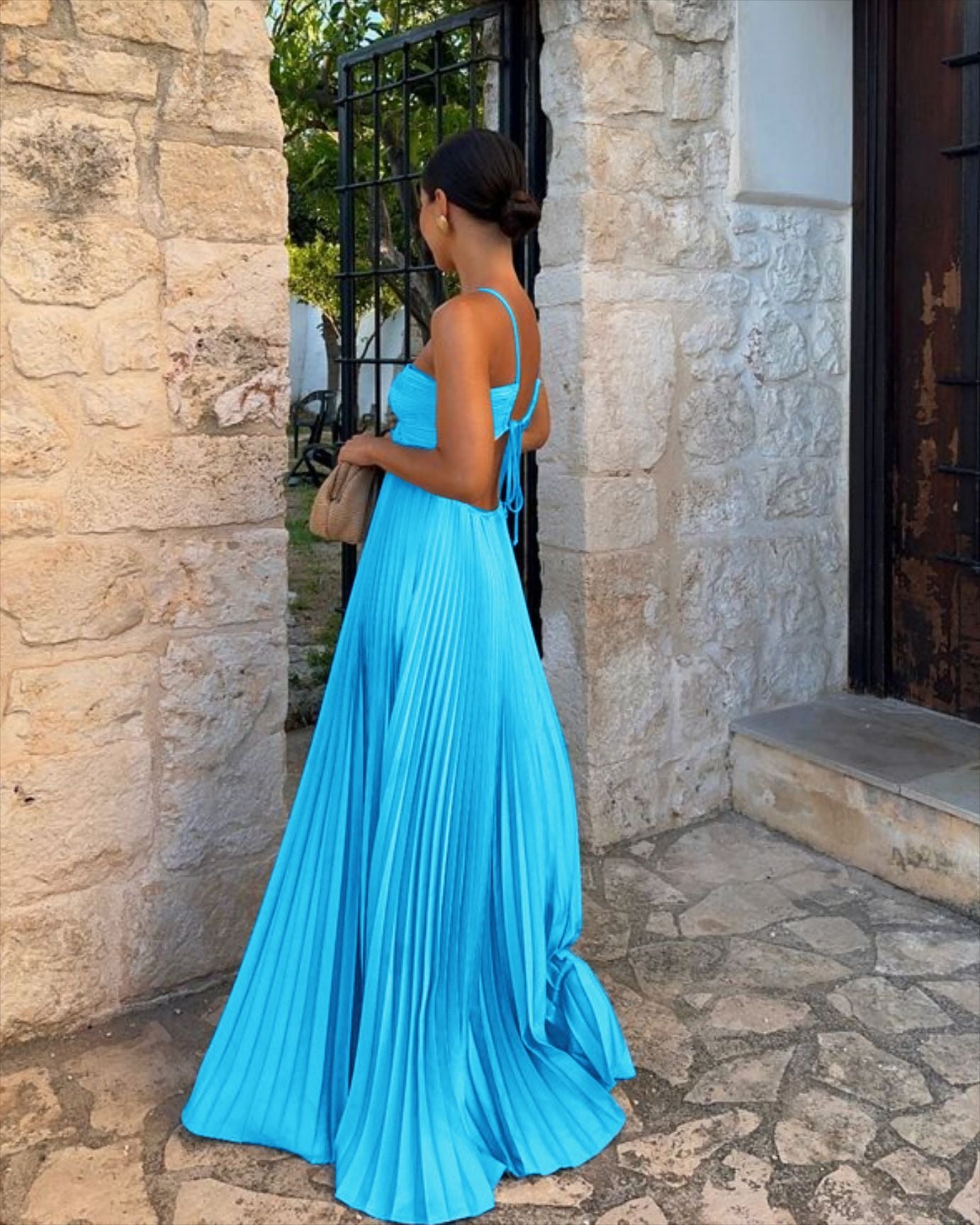 Ins Pleated Sleeveless Sling Dress Hollow High Waist Halter Robe Dresses For Evening Party Club Clothing Women Limorista
