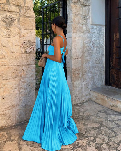 Ins Pleated Sleeveless Sling Dress Hollow High Waist Halter Robe Dresses For Evening Party Club Clothing Women Limorista