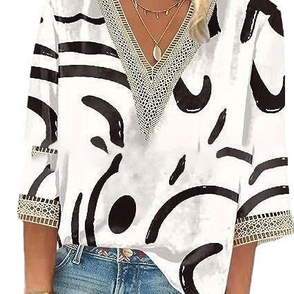 Wear Loose New Floral Print Stitching Lace Half Sleeve V-neck T-shirt Limorista