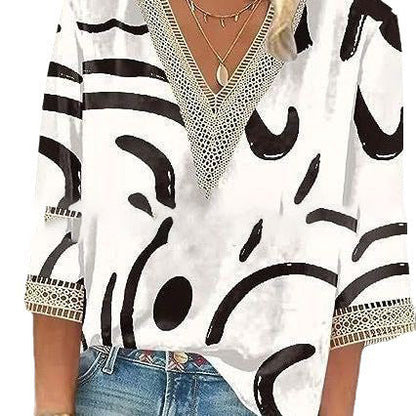 Wear Loose New Floral Print Stitching Lace Half Sleeve V-neck T-shirt Limorista
