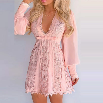 White Elegant Dresses Sexy V Neck Lace Dress Long Puff Sleeve Butterfly Dress For Women Limorista