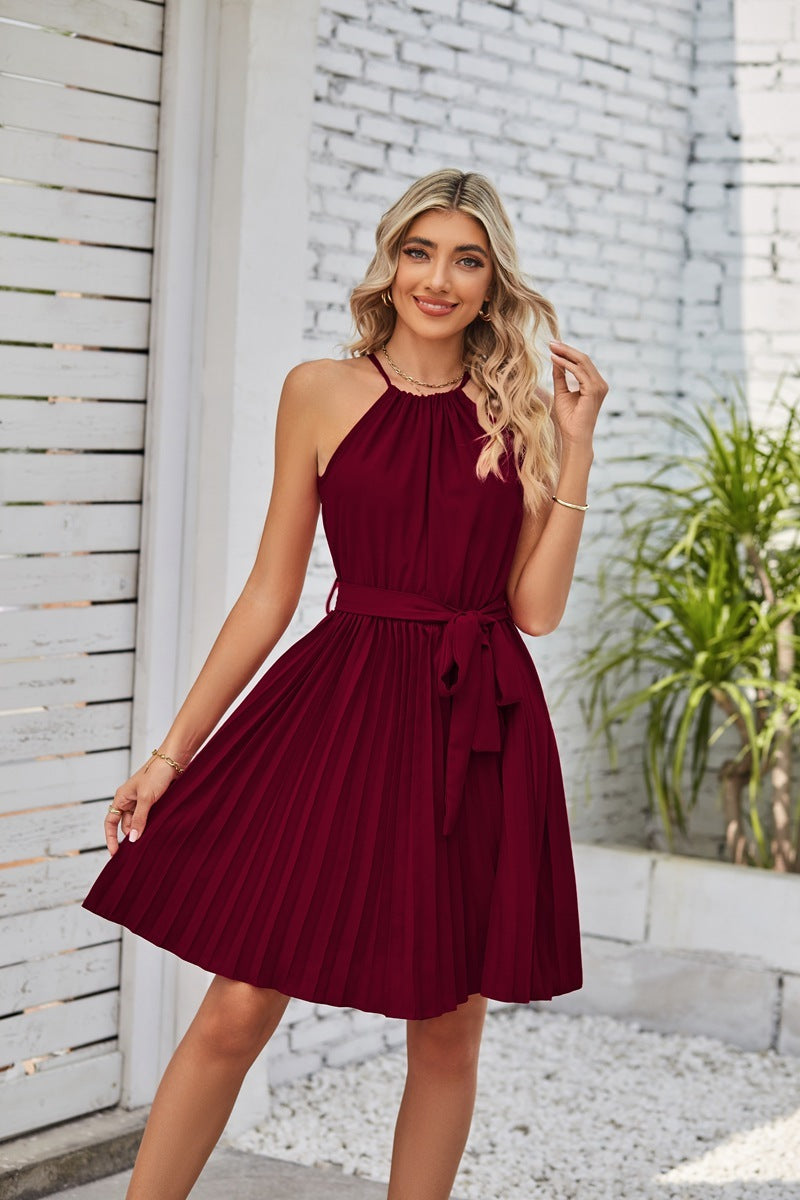 Halter Strapless Dresses For Women Solid Pleated Skirt Summer Beach Sundress Limorista