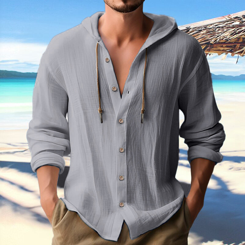 Cotton And Linen Shirt Hooded Sweater Button Long Sleeve Limorista