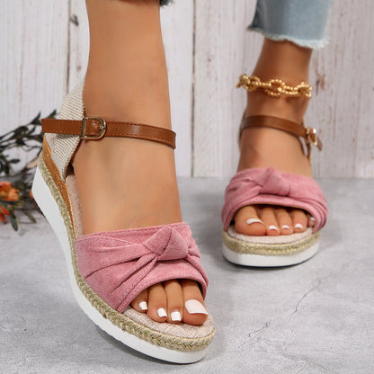 New Thick-soled Bow Sandals Summer Fashion Casual Linen Buckle Wedges Shoes For Women Limorista