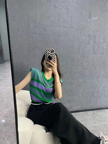 Striped Contrast Color Knitwear Vest Top Limorista