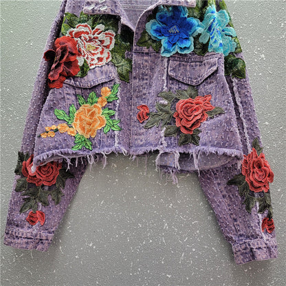 Design Sense Heavy Industry Three-dimensional Flower Short Frayed Hem Casual Denim Coat Limorista