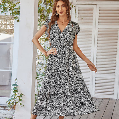Summer Dresses Ruffle Cap Sleeve V Neck Belt Wrap Split Boho Floral Long Casual Party Beach Dress Limorista