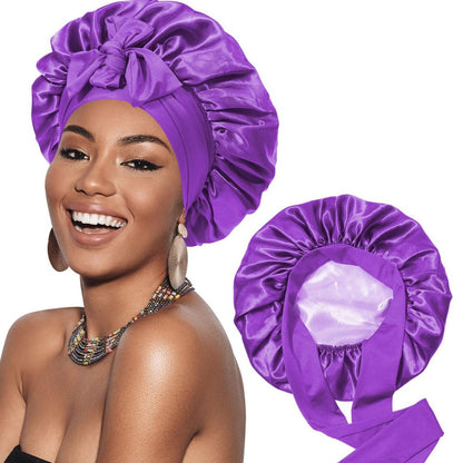 Double-layer Satin Ribbon Round Cap Bow Artificial Silk Beauty Hair Care Wide-brimmed Hat Limorista