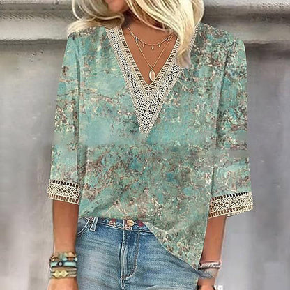 Wear Loose New Floral Print Stitching Lace Half Sleeve V-neck T-shirt Limorista