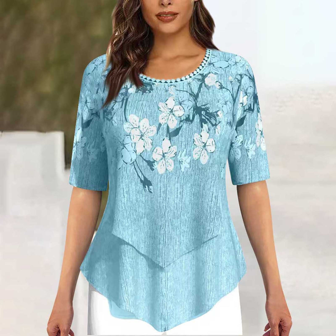 Positioning Printed Round Neck Irregular Short Sleeve Limorista