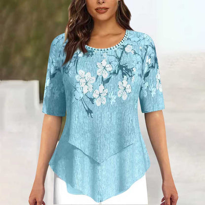 Positioning Printed Round Neck Irregular Short Sleeve Limorista