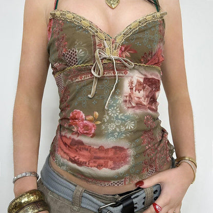 Vacation Style Plant Print Ribbon Lace Splicing Sling Vintage Slim-fit Tank Top Limorista