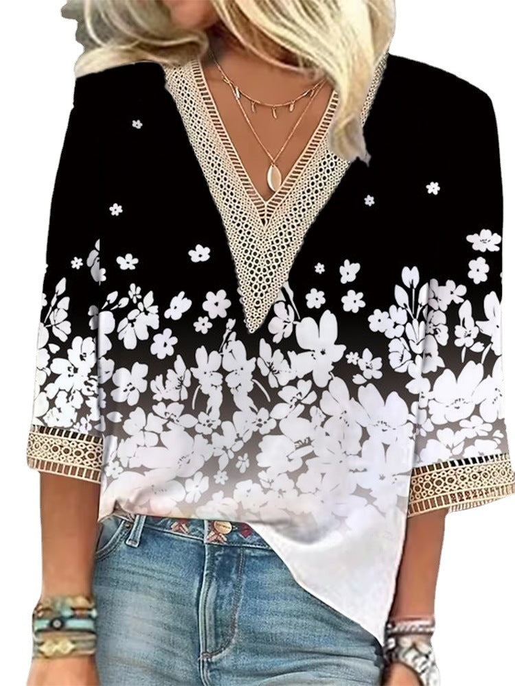 European And American Popular Fashion Loose Multi-color Floral Print Stitching Lace Half Sleeve V-neck Top Limorista