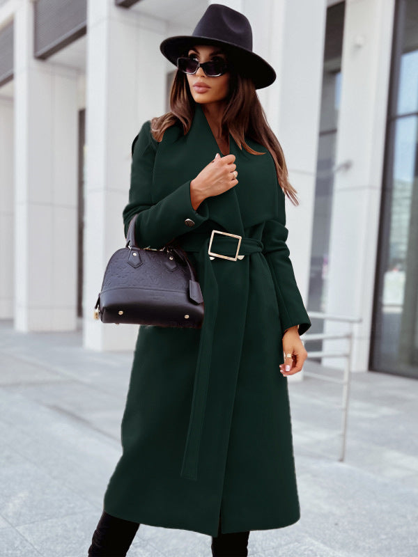 Autumn And Winter Simplicity Long Sleeve Button V-neck Lace Up Woolen Coat Women&