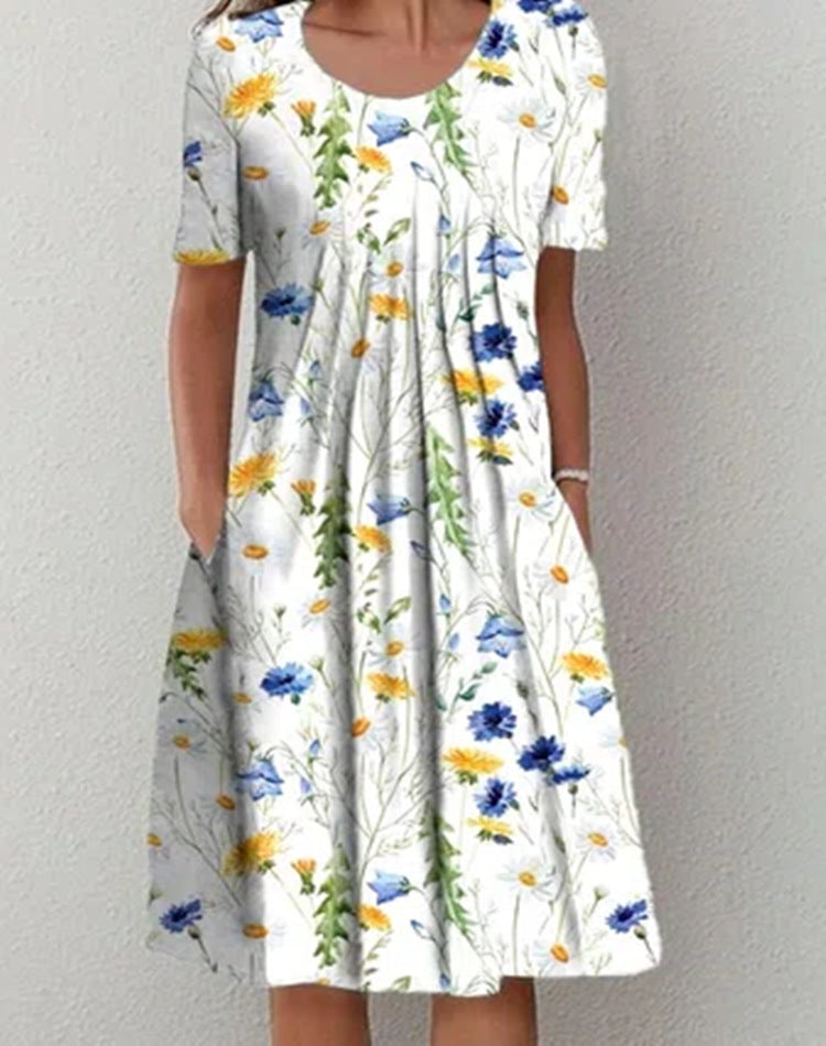 Casual Floral Round Neck Midi Straight Dress Limorista