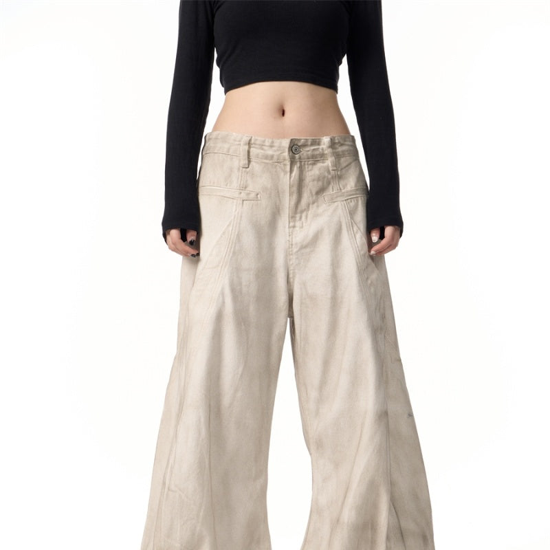 Retro Distressed Dirty White Wide Leg Pants Casual Trousers Limorista