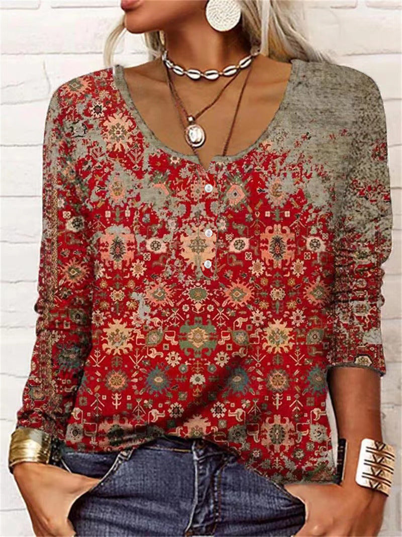 Long Sleeved Geometric Flower Mang U-neck Button Up T-shirt For Women Limorista