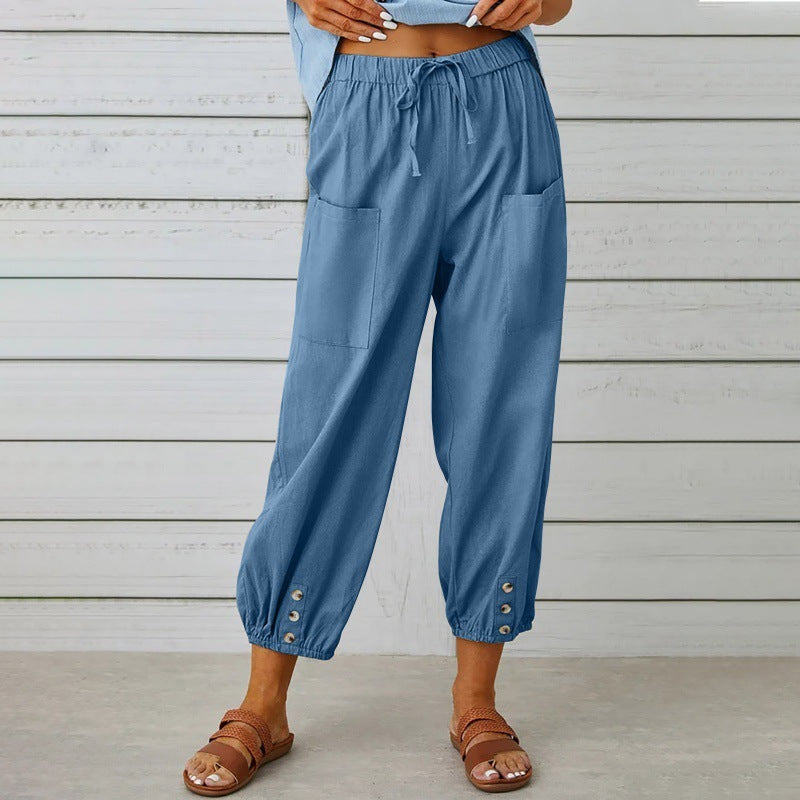 Loose High Waist Button Cotton And Linen Trousers Cropped Pants Wide Leg Women&