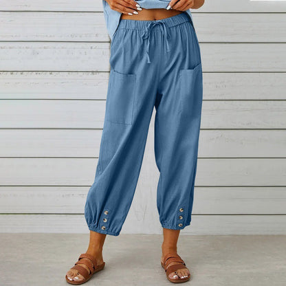 Loose High Waist Button Cotton And Linen Trousers Cropped Pants Wide Leg Women&