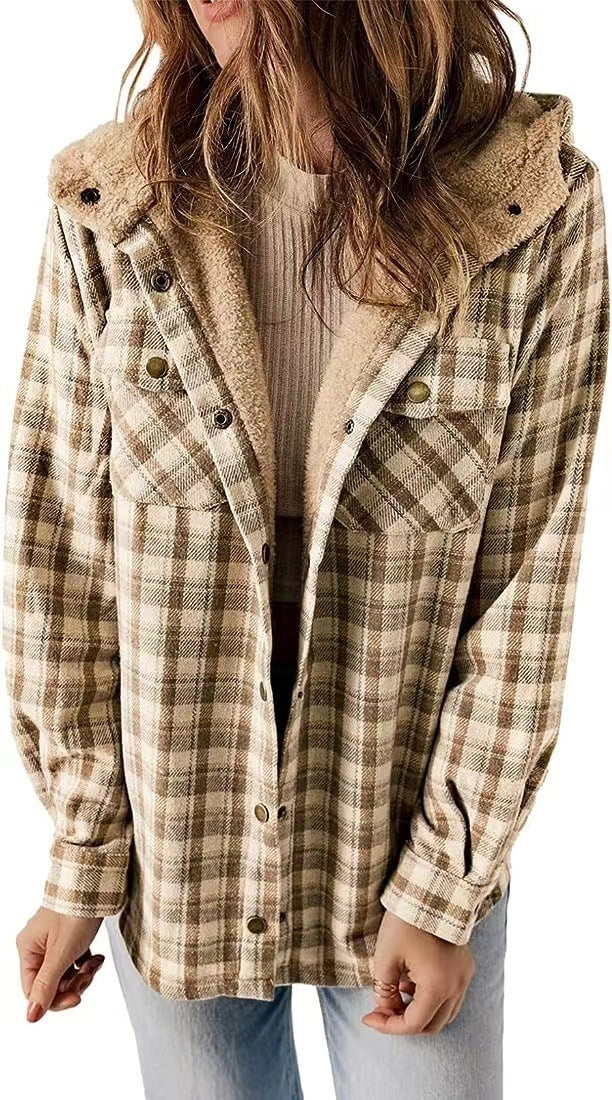 Casual Plaid Hooded Woolen Coat Thickened Fleece-lined Warm Jacket Limorista